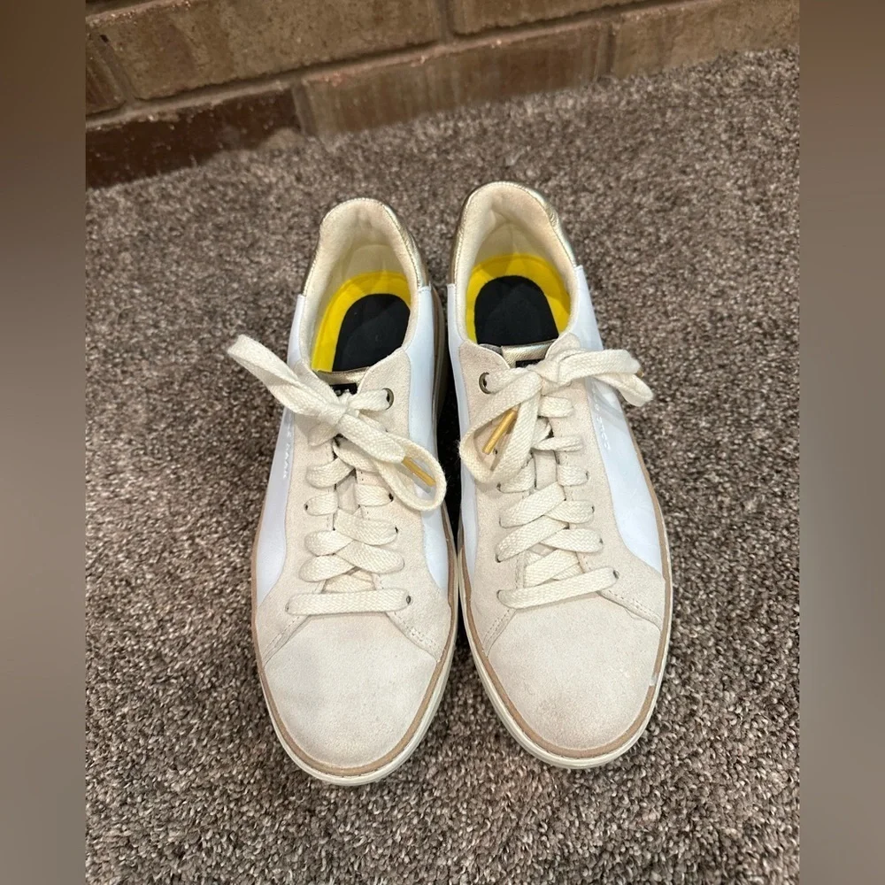Cole Haan GrandPrø Topspin Sneakers White Leather & Suede Gold Accents Size 6.5